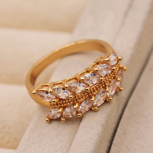 18K Yellow Gold Filled Long Leaf Diamond Zircon Ring Gorgeous Party Gift - Picture 4 of 6